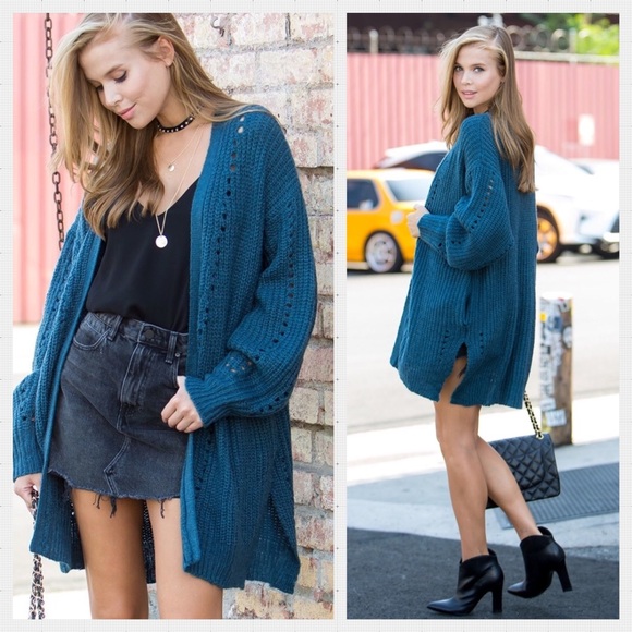 ๐LAST ONE M/L Teal Pointelle Sweater Cardigan. - Picture 2 of 3